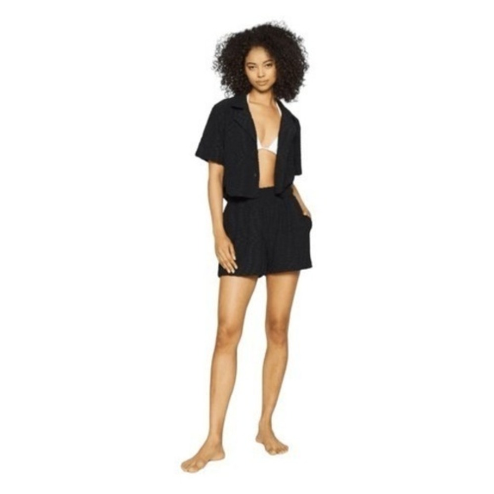Good American Diamond Pattern Jacquard Cover-up Swim Shorts Black Terry‎ 1/S - Picture 3 of 13
